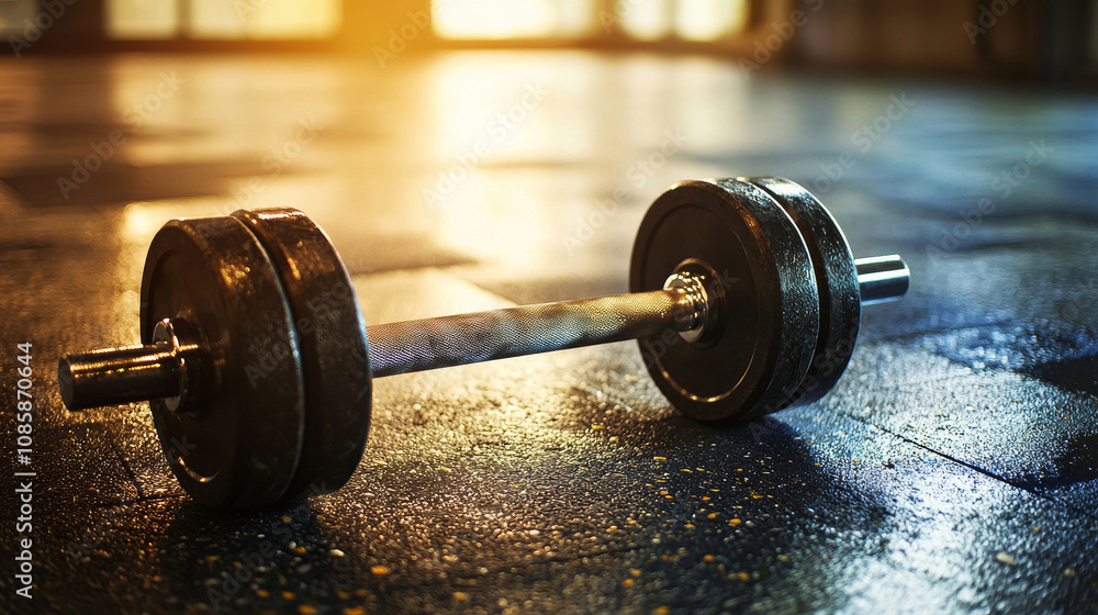 A close-up of a black dumbbell resting on a gym floor, illuminated by warm sunlight, highlighting its metallic surface and the surrounding environment. A close-up of a black dumbbell resting on a gym floor, illuminated by warm sunlight, highlighting its metallic surface and the surrounding environment.
