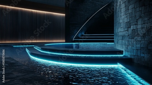Wallpaper Mural A serene, modern space featuring glowing blue light accents, reflective surfaces, and a calm water feature, creating a tranquil atmosphere. Torontodigital.ca