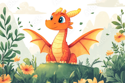 Adorable Orange Dragon Amidst Lush Floral Surroundings