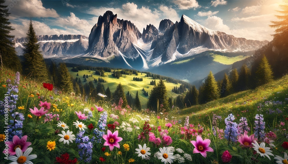 Fototapeta premium meadow with flowers and mountains