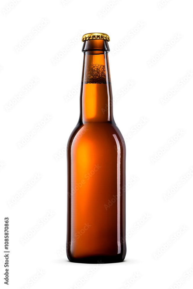 Amber small glass longneck bottle of beer with a gold crown cap isolated. Transparent PNG image. Amber small glass longneck bottle of beer with a gold crown cap isolated. Transparent PNG image.
