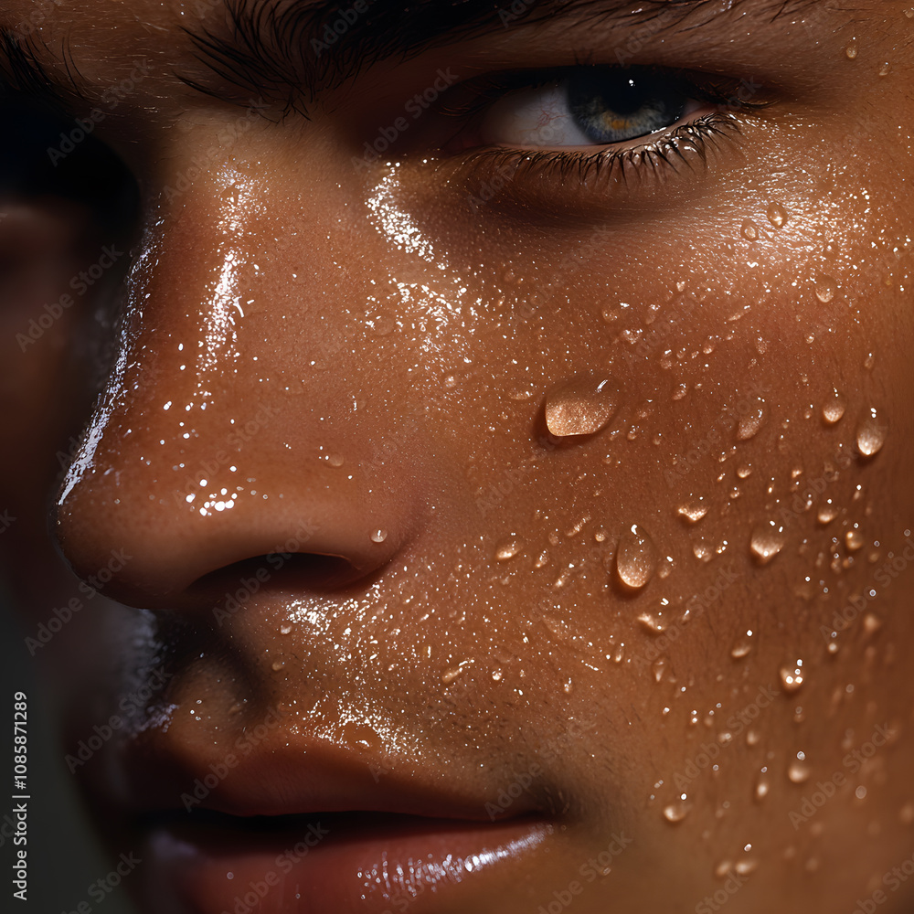 skincare, man, a close-up of the skin texture with small water droplets visible and the natural coloration of his skin skincare, man, a close-up of the skin texture with small water droplets visible and the natural coloration of his skin