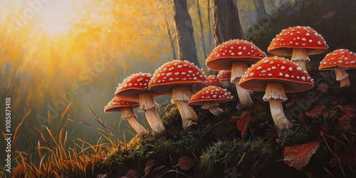 Mushrooms with a glassy, wet appearance glistening in a sunbeam, hyperrealistic details, photo