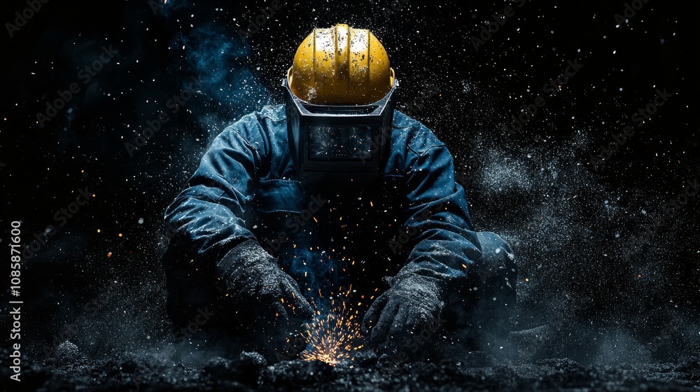Fototapeta premium Welder crouching, sparks flying, dark background.