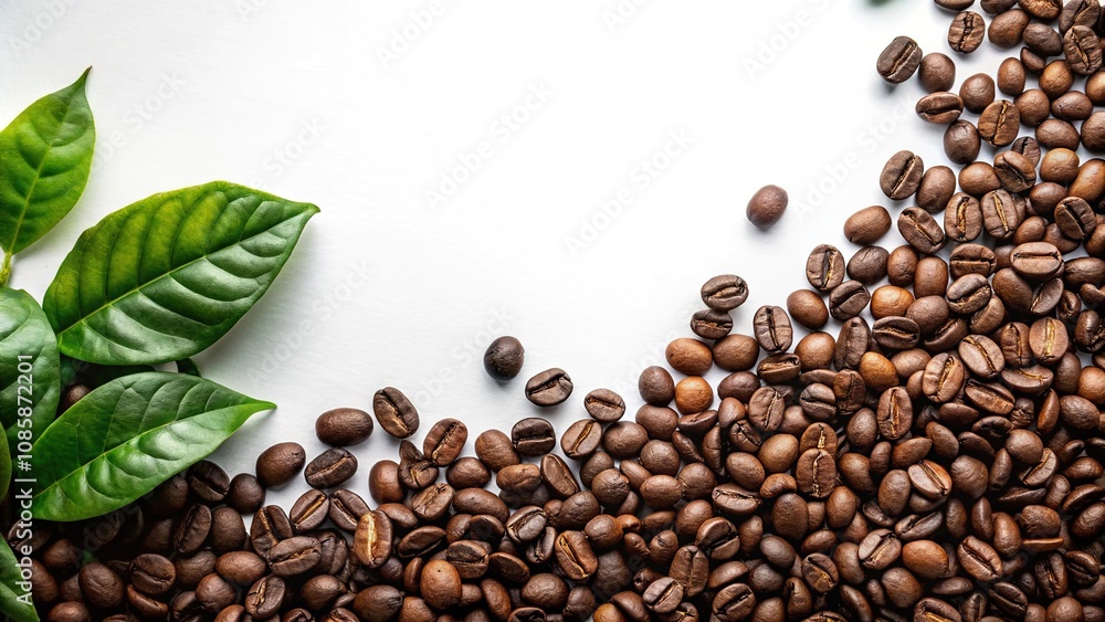 Coffee beans and leaves on white surface, wide angle Coffee beans and leaves on white surface, wide angle