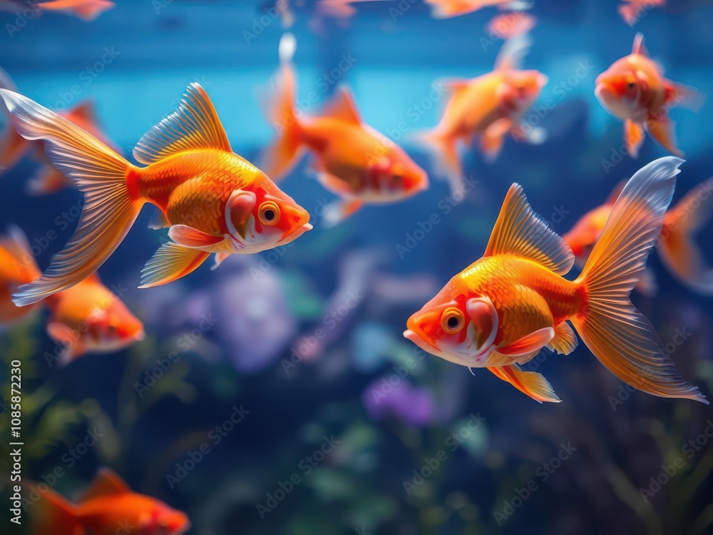Fototapeta premium Beautiful goldfish swimming gracefully in a vibrant aquarium setting, scales