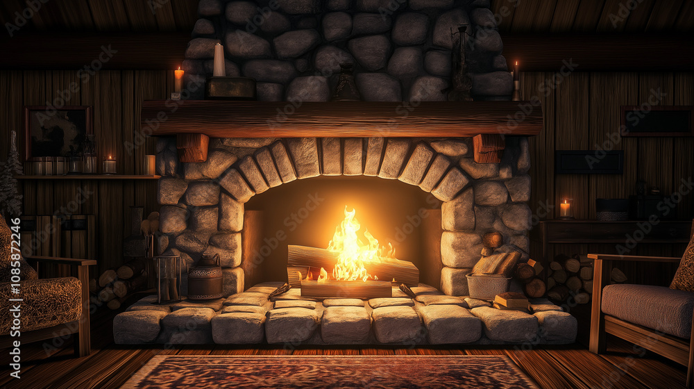 Rustic stone fireplace with glowing flames Rustic stone fireplace with glowing flames
