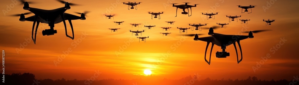 Obraz premium Drones flying at sunset over a city skyline.