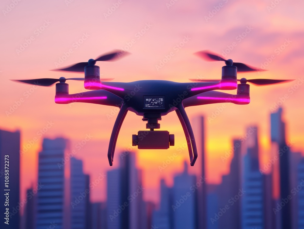 Drone flying over urban skyline at sunset. Drone flying over urban skyline at sunset.