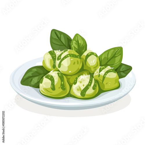 Simple flat 2D illustration of gnocchi with pesto sauce isolated on a white background, Ai design, flat 2D design, vector
