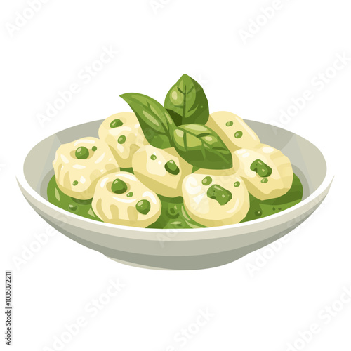 Simple flat 2D illustration of gnocchi with pesto sauce isolated on a white background, Ai design, flat 2D design, vector

