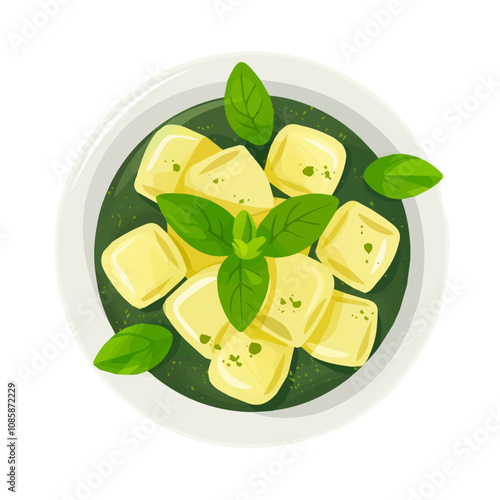 Simple flat 2D illustration of gnocchi with pesto sauce isolated on a white background, Ai design, flat 2D design, vector
