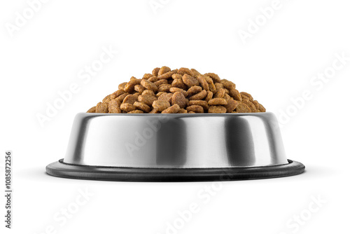 Dry extruded cat or dog food in a steel bowl isolated. Transparent PNG image.