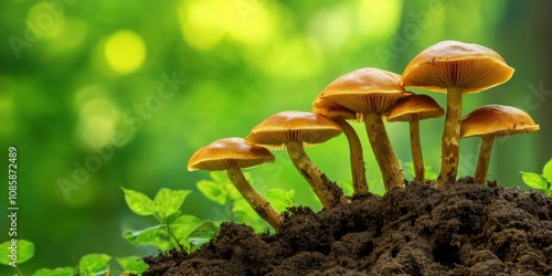 Time-lapse-inspired mushrooms bursting through soil in a vibrant forest setting, motion-focused,