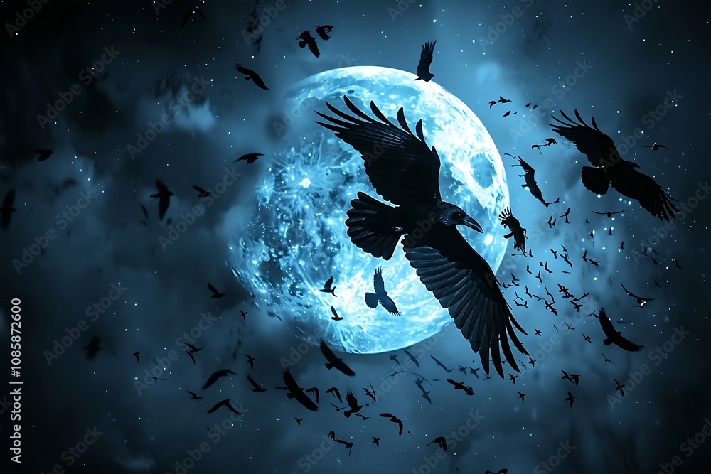 Fototapeta premium Flock of birds flying in the night sky with full moon.