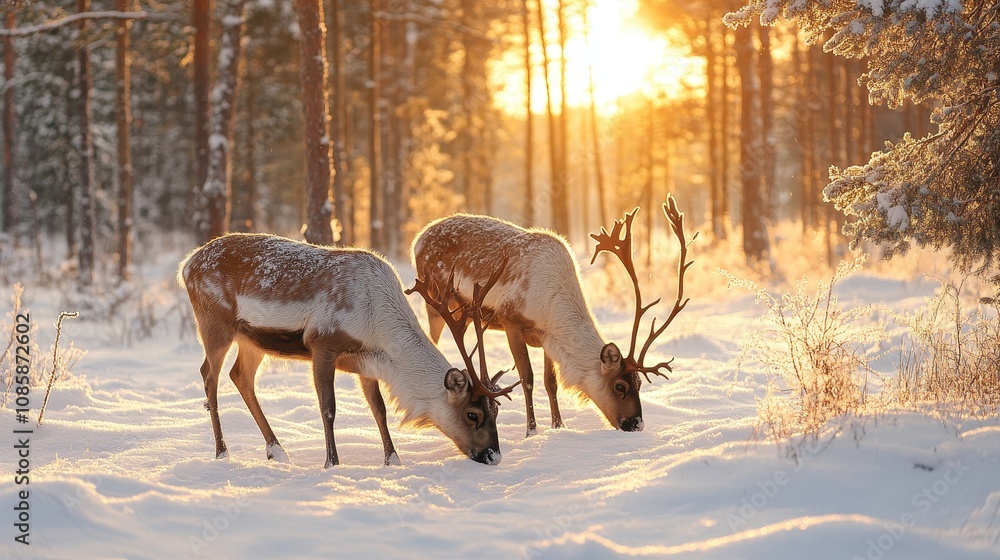 Two Reindeer Grazing in a Snowy Winter Forest at Sunset Two Reindeer Grazing in a Snowy Winter Forest at Sunset