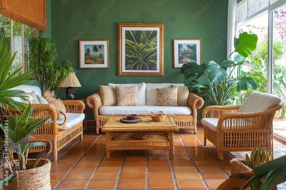 Obraz premium Tropical-Inspired Living Room with Natural Rattan Furniture, Green Wall, Terracotta Floors, Organic Textiles, Relaxing Vibe
