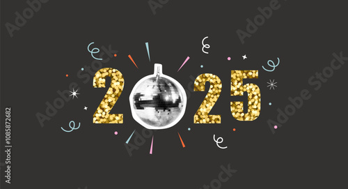 2025 New year art collage banner with gold glitter numbers, halftone disco ball, flying stars, snowflakes, serpentine isolated on black background. Modern retro vector illustration