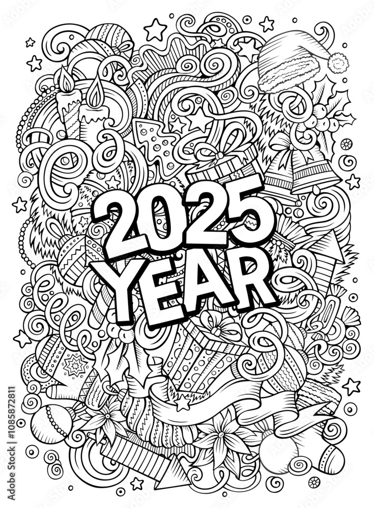 2025 doodles illustration. New Year objects and elements design. Line art cartoon holidays funny background 2025 doodles illustration. New Year objects and elements design. Line art cartoon holidays funny background