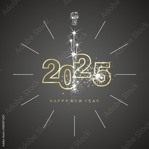 Happy New Year 2025 firework clock countdown gold colorful line design numbers on black background.ai