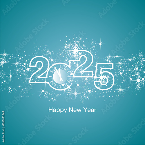 Happy New Year 2025 clock countdown loading light sparkle firework white sea green blue color vector logo icon.ai