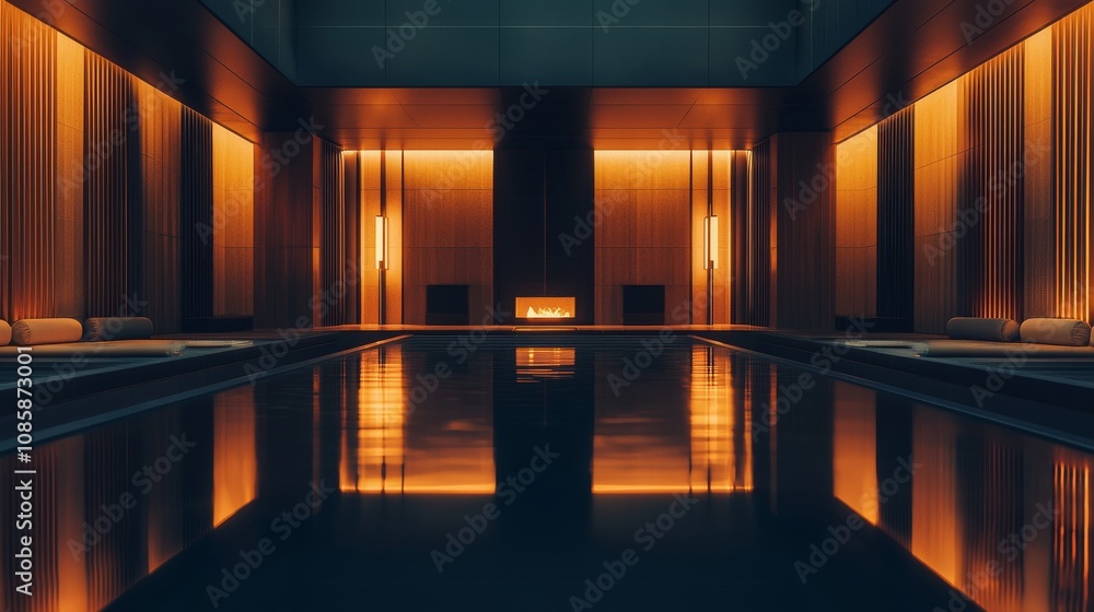 A serene indoor pool area with warm lighting, creating a relaxing atmosphere, surrounded by soft curtains and elegant decor. A serene indoor pool area with warm lighting, creating a relaxing atmosphere, surrounded by soft curtains and elegant decor.