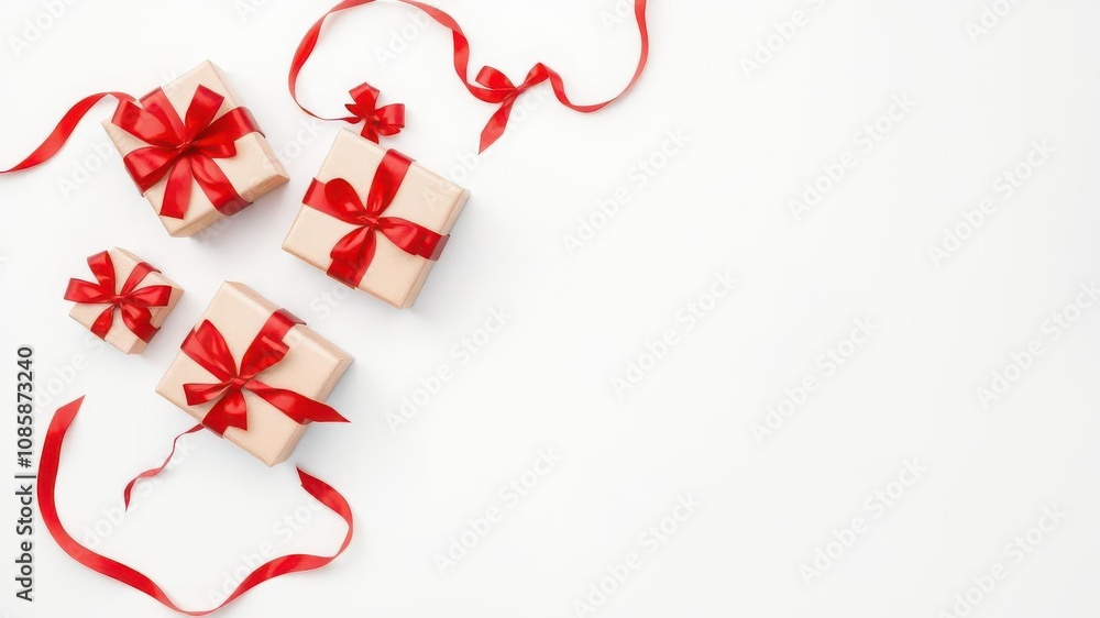 Gifts wrapped with red ribbons arranged neatly on a white background, decoration Gifts wrapped with red ribbons arranged neatly on a white background, decoration