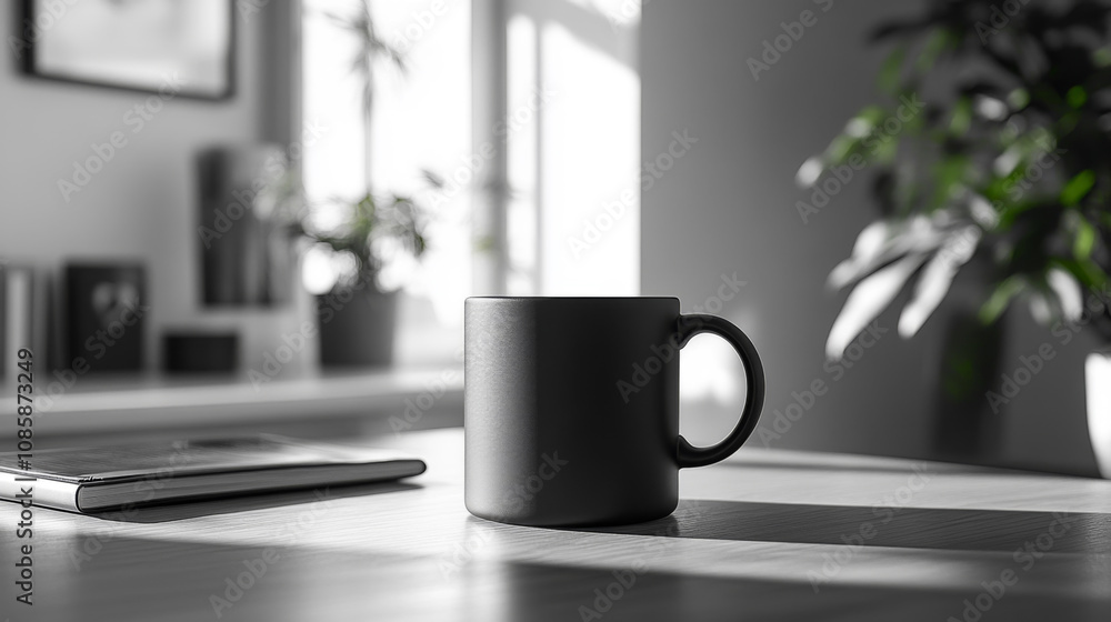 A black coffee mug sits on a wooden table in a bright, modern office space. The mug is empty, suggesting a recent break. A black coffee mug sits on a wooden table in a bright, modern office space. The mug is empty, suggesting a recent break.