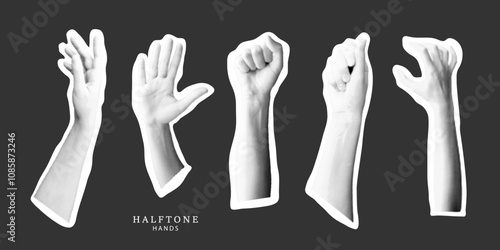 Modern set of halftone hands with different gestures. Collection of paper cut elements for collage design, retro banners and vintage posters. Vector illustration photo