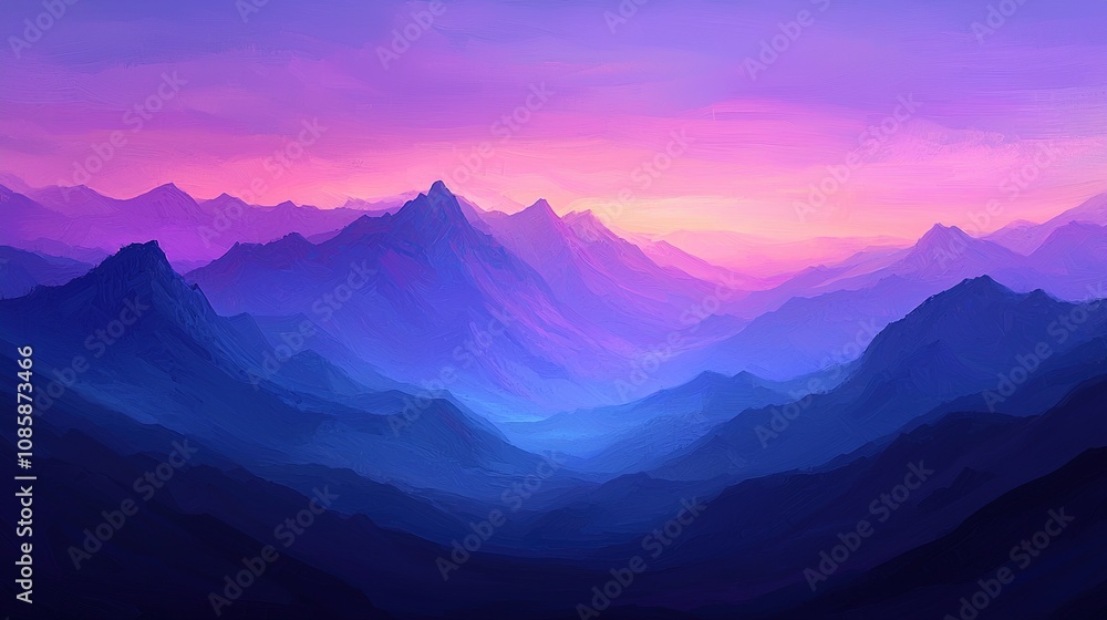 Fototapeta premium Dusk misty landscape view mountain range digital art nature serene atmosphere vibrant colors for relaxation