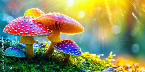 Wallpaper Mural Vivid close-up of colorful wild mushrooms on a mossy forest floor, dewdrops and sunlight, Torontodigital.ca