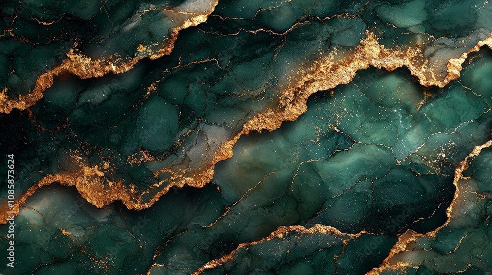 A stunning abstract design featuring green and gold textures resembling natural stone. A stunning abstract design featuring green and gold textures resembling natural stone.