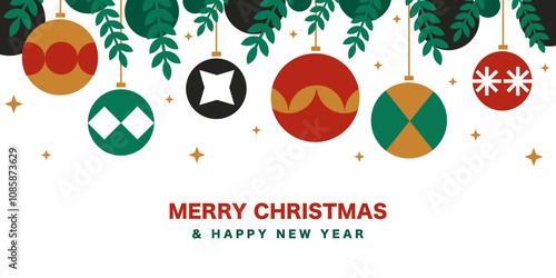 Modern Christmas Banner in Bauhaus Style, Minimalist Decorations with Tree Branches