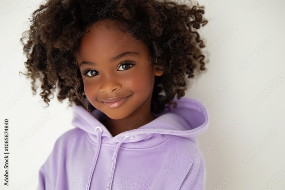Portrait of a Smiling Girl with Curly Hair, Wearing a Purple Hoodie on a White Background. Portrait of a Smiling Girl with Curly Hair, Wearing a Purple Hoodie on a White Background.