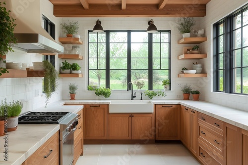 Wallpaper Mural Scandinavian-Inspired Kitchen with Natural Wood Cabinets, Stone Countertops, Open Shelves, and Potted Herbs on Window Sill Torontodigital.ca