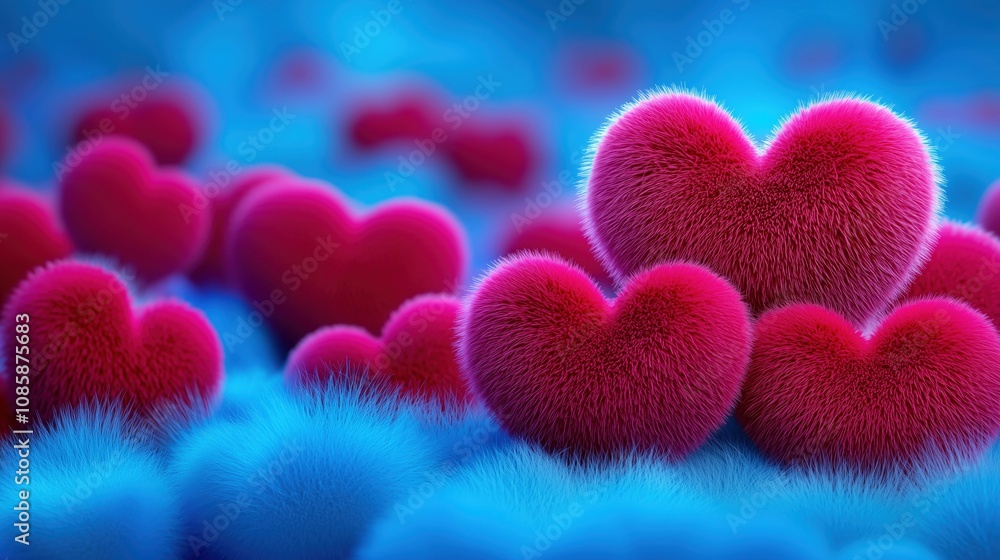 Fototapeta premium Vibrant fuzzy red hearts on a soft blue background, creating a dreamy and romantic atmosphere. Perfect for Valentine's Day or love-themed concepts.