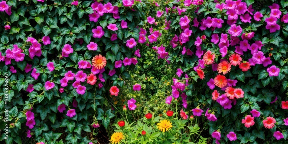Fototapeta premium Ivy vines beautifully intertwining with vibrant flowers in a lush garden setting, harmony, vine
