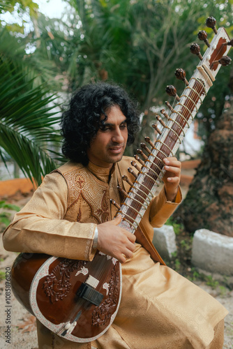 Indian musician in traditional clothes playing sitar festive season outdoor home. Happy Diwali greeting photo. Part of a series