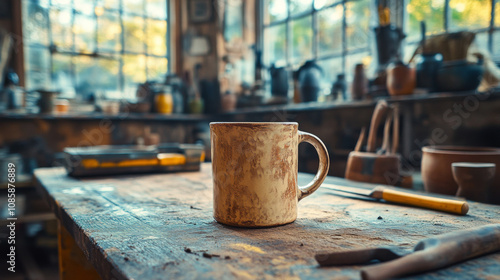 A rustic ceramic mug sits on a wooden workbench in a pottery studio, bathed in natural light streaming through a window.