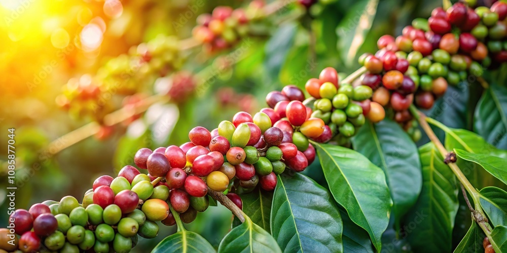 Coffee plantation with dewy coffee beans on tree at a tilted angle Coffee plantation with dewy coffee beans on tree at a tilted angle