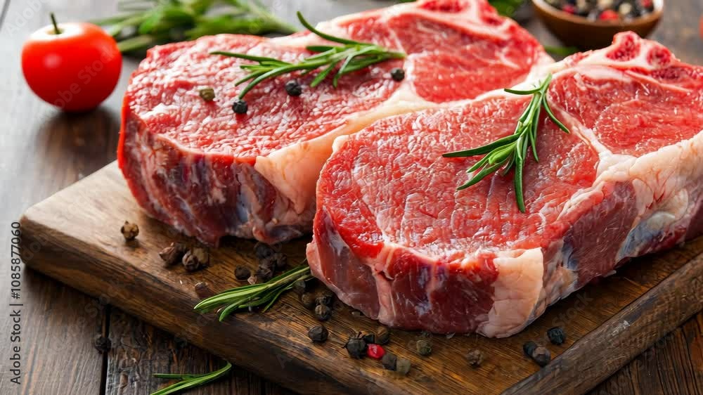 Juicy, raw ribeye steaks are prepared for cooking Juicy, raw ribeye steaks are prepared for cooking