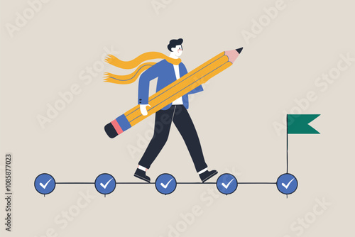 Person with pencil walking toward goal on a checklist timeline.