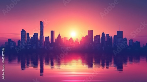 City Skyline Sunset Reflection Water Scene