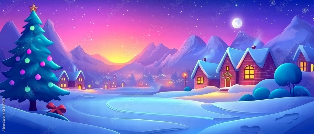 Obraz premium A Christmas scene with a Christmas tree and houses in the background