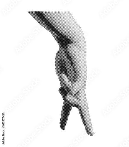 Hand gesture with two fingers mimicking a walking motion, symbolizing growth, movement, or progress. Isolated in retro halftone dot style, inspired by nostalgic 1990s vintage