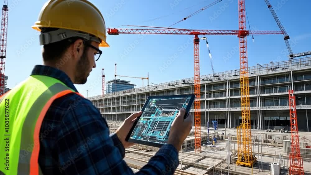 Construction Site Supervisor: Focused on the details, a construction worker with a tablet, overseeing a massive building project. Cranes tower in the background. Construction Site Supervisor: Focused on the details, a construction worker with a tablet, overseeing a massive building project. Cranes tower in the background.
