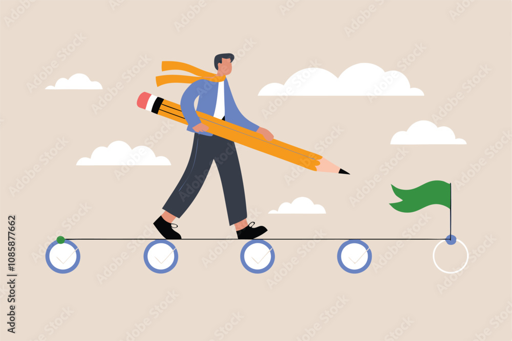Person with pencil walking toward goal on a checklist timeline. Person with pencil walking toward goal on a checklist timeline.