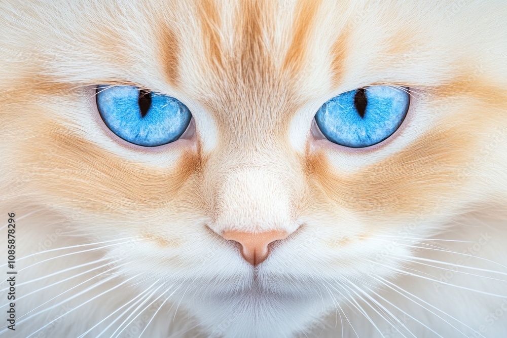 Close-up of a ragdoll cat with striking blue eyes and fluffy fur against a neutral white background in studio lighting Close-up of a ragdoll cat with striking blue eyes and fluffy fur against a neutral white background in studio lighting