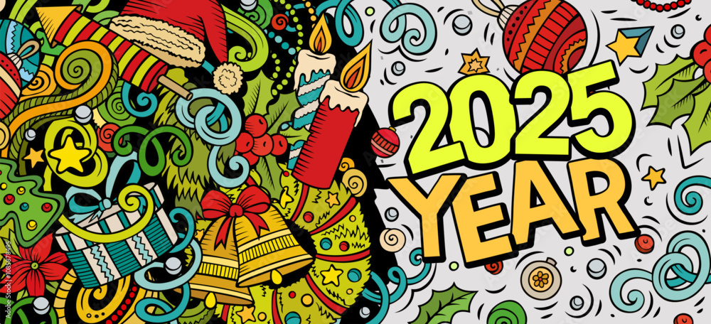 2025 doodles horizontal illustration. New Year objects and elements banner design. Creative cartoon winter holidays background. Colorful vector mural 2025 doodles horizontal illustration. New Year objects and elements banner design. Creative cartoon winter holidays background. Colorful vector mural