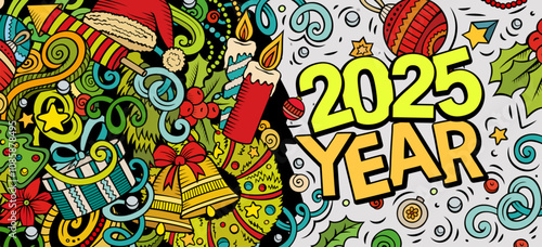 2025 doodles horizontal illustration. New Year objects and elements banner design. Creative cartoon winter holidays background. Colorful vector mural